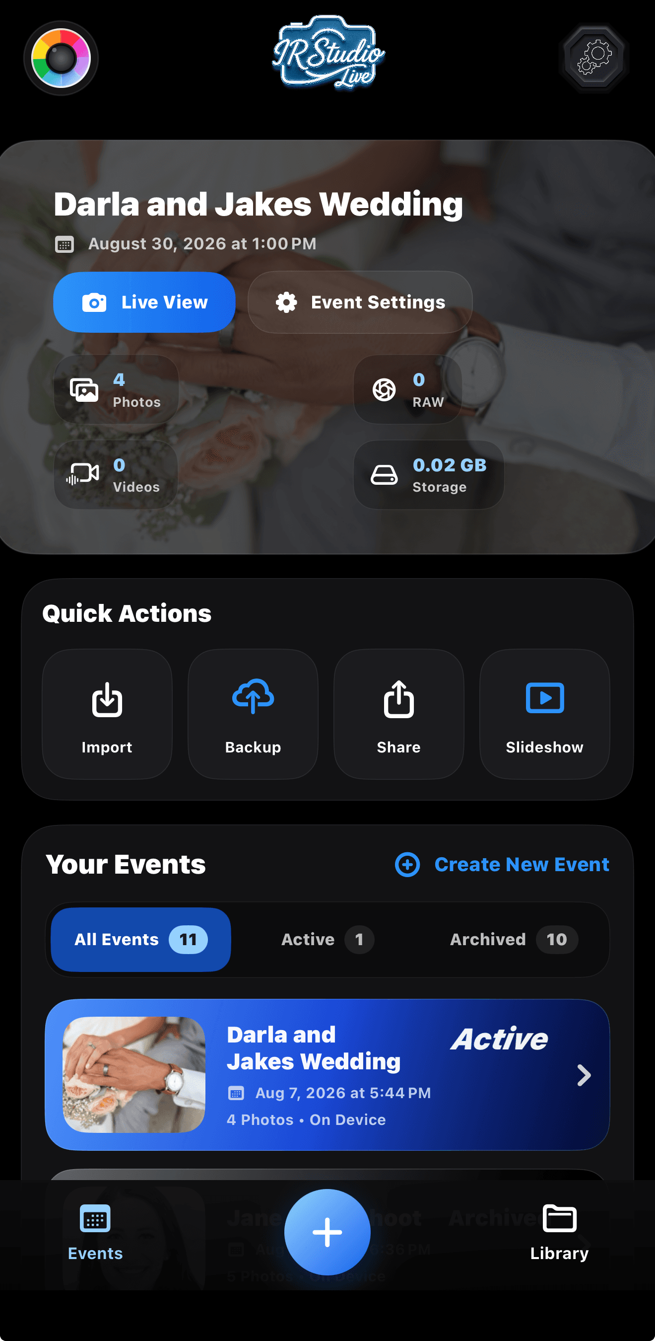IR Studio Live app showing the Darla and Jakes Wedding event dashboard