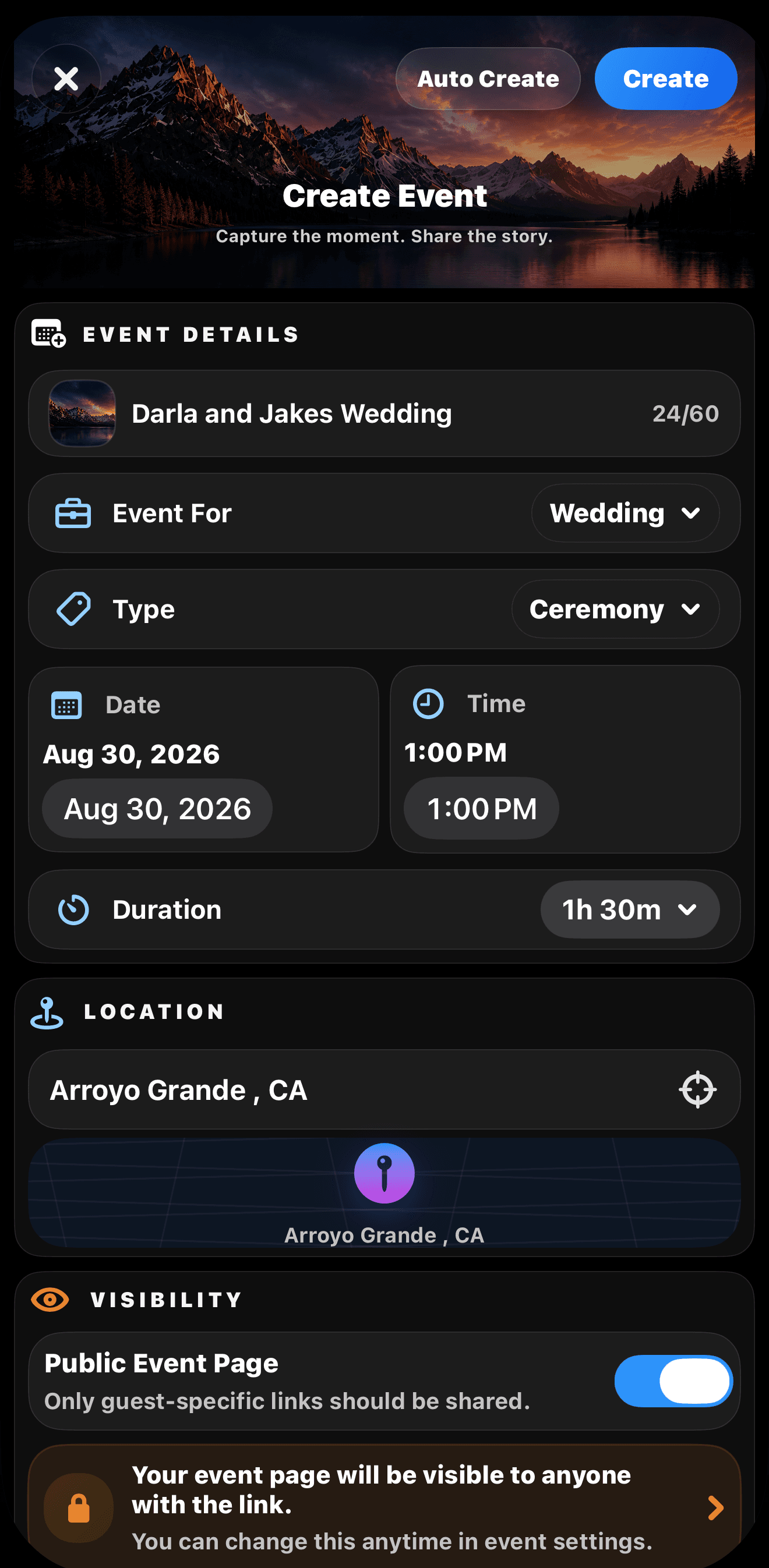 IR Studio Live create event screen