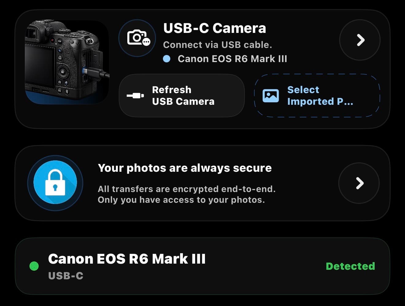 IR Studio Live USB-C camera connection screen