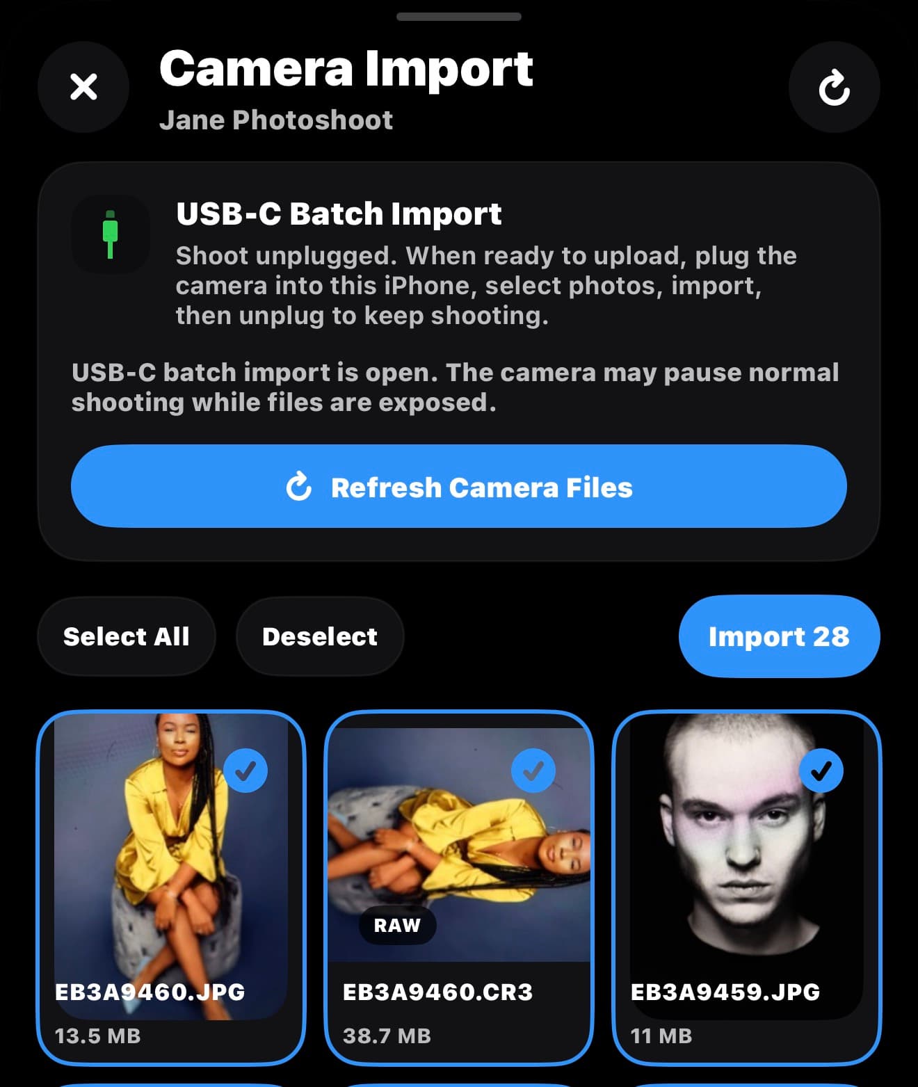 IR Studio Live camera import selection screen